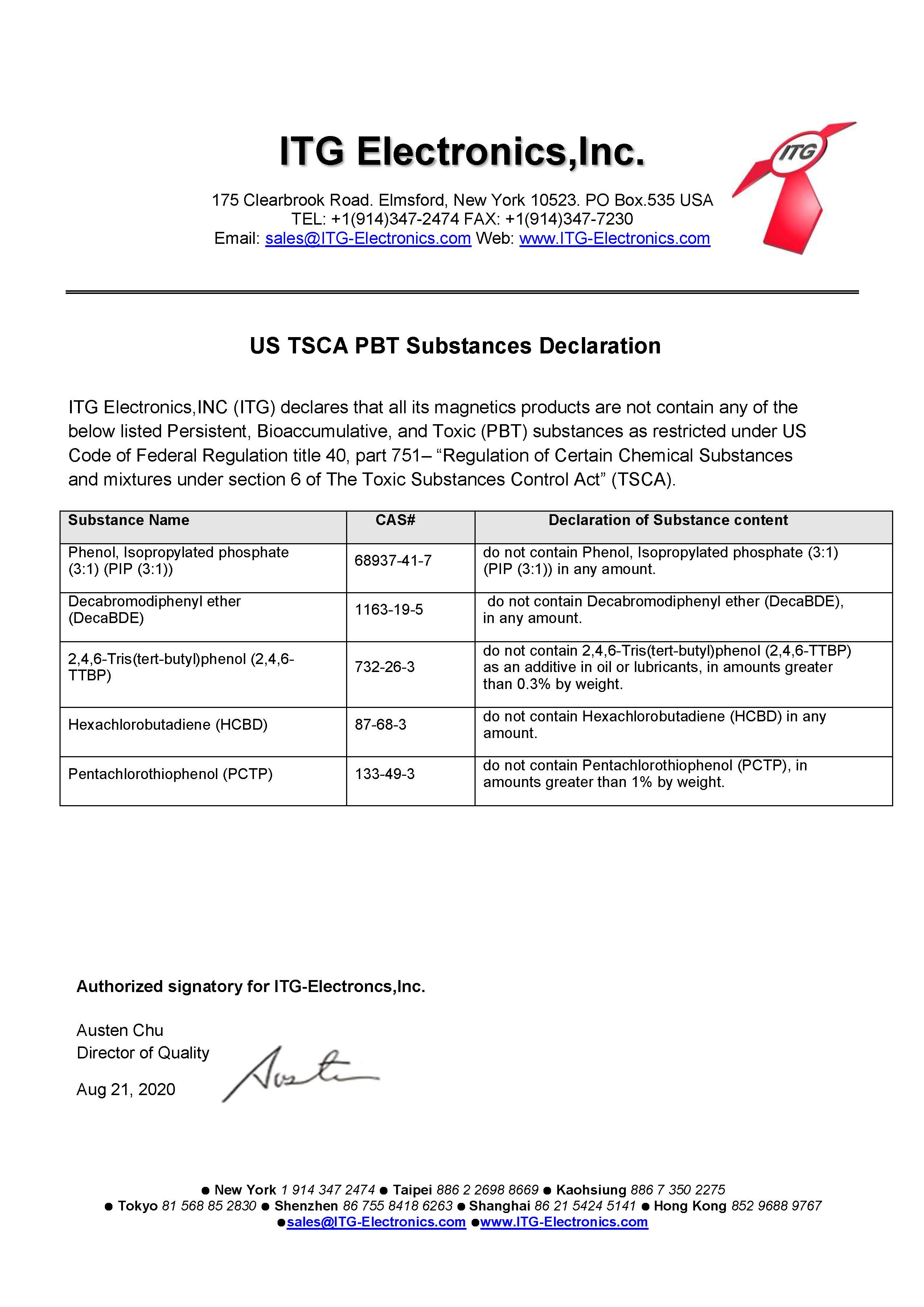 ITG Electronics - News - US TSCA PBT Substances Declaration